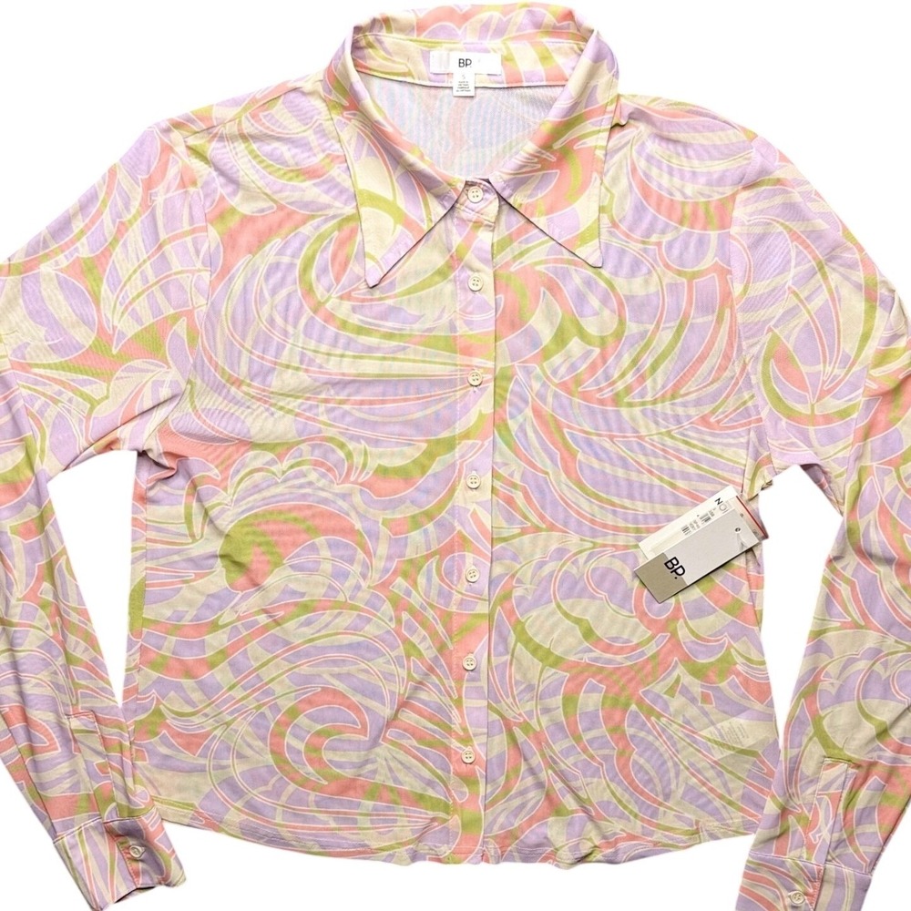 BP Mesh Button Down Shirt Small Pink Abstract Swirl Retro Sheer NWT